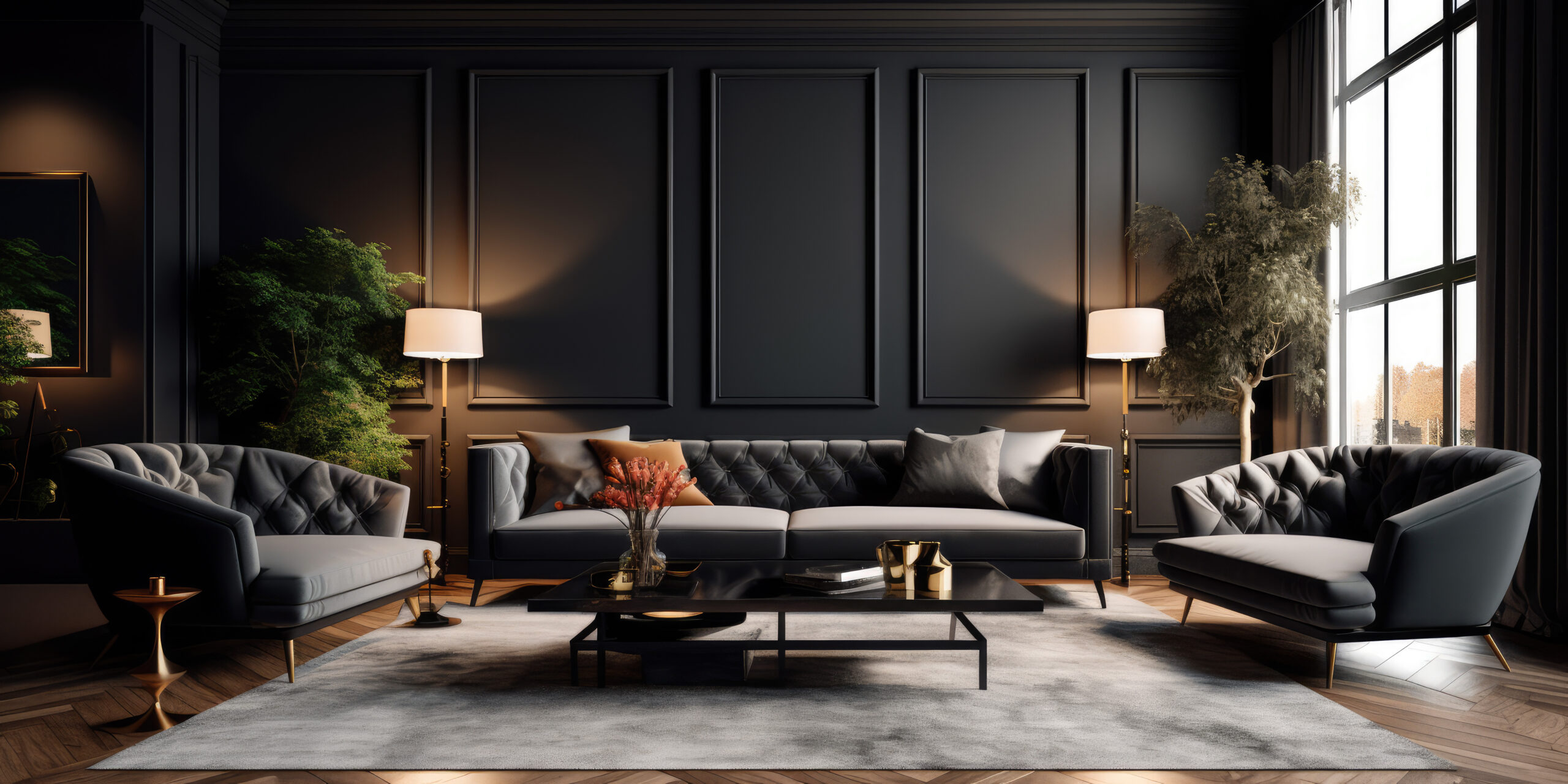 Distinct living room dark interior with luxury gray sofa., indoor design